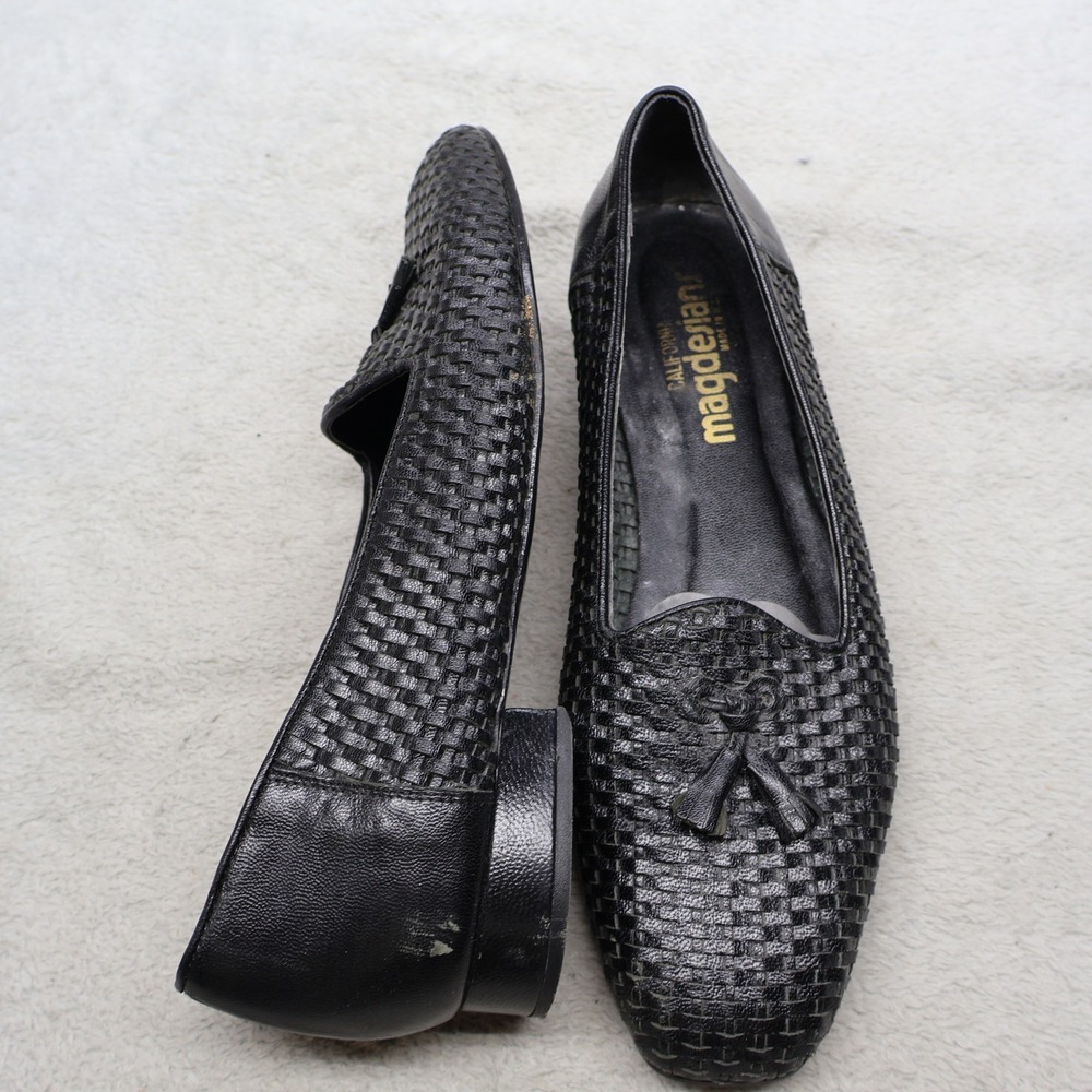 Magdesian Women 9.5N Loafers Black Woven Leather Tassel Flats Classic Dressy